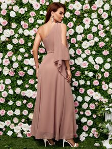 單肩貼花雪紡伴娘洋裝 - 藕粉色 - 查看 2