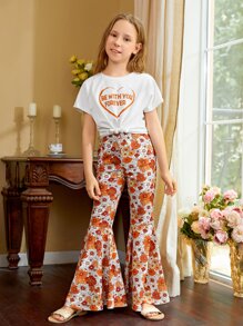 SHEIN 女孩標語圖案T恤和印花荷葉邊長褲套裝 - 彩色 - 查看 5