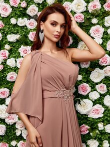 單肩貼花雪紡伴娘洋裝 - 藕粉色 - 查看 3