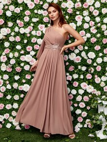 單肩貼花雪紡伴娘洋裝 - 藕粉色 - 查看 4