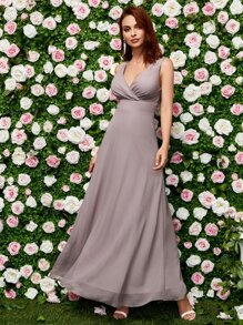 Solid Surplice Neck Bridesmaid Dress - Mauve Purple - View 1