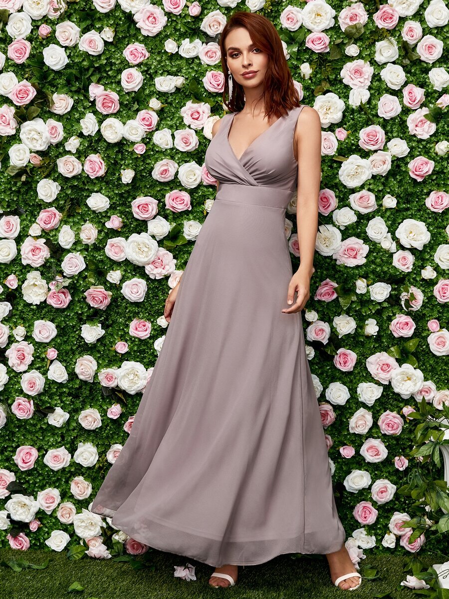 Solid Surplice Neck Bridesmaid Dress - Mauve Purple - View 1