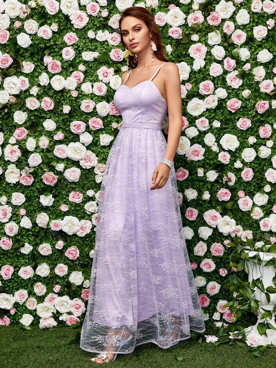 Backless Mesh Overlay Cami Bridesmaid Dress - Lilac Purple - View 1