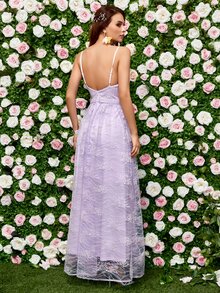 Backless Mesh Overlay Cami Bridesmaid Dress - Lilac Purple - View 2