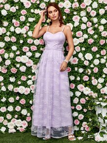 Backless Mesh Overlay Cami Bridesmaid Dress - Lilac Purple - View 3