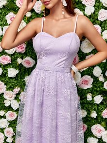 Backless Mesh Overlay Cami Bridesmaid Dress - Lilac Purple - View 4