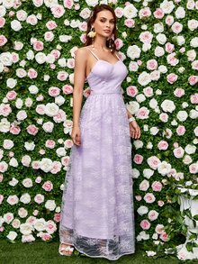 Backless Mesh Overlay Cami Bridesmaid Dress - Lilac Purple - View 5