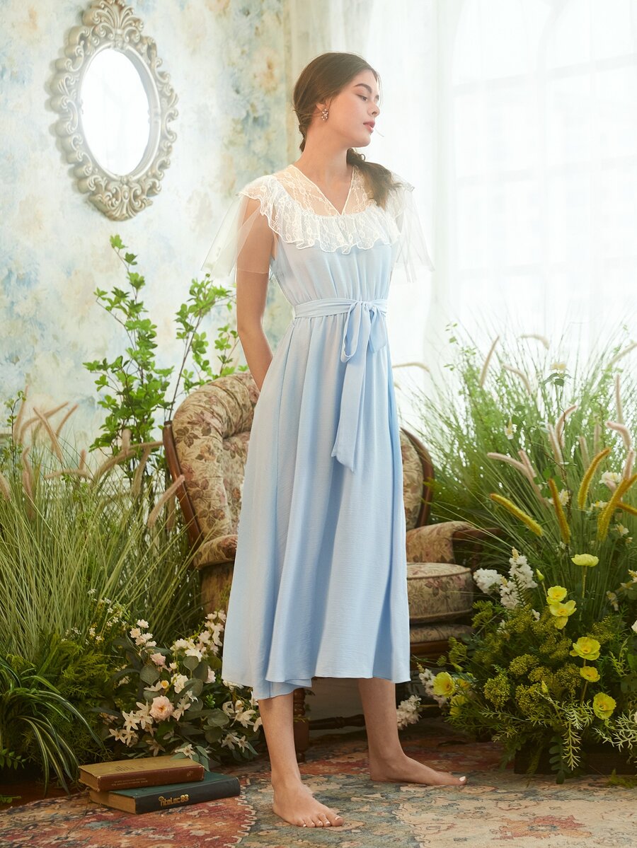 SHEIN Colorblock Contrast Lace Ruffle Belted Sleep Dress - Baby Blue - View 1