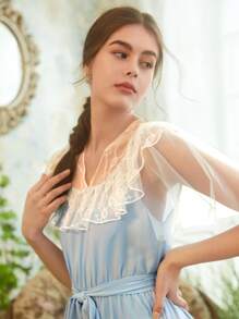 SHEIN Colorblock Contrast Lace Ruffle Belted Sleep Dress - Baby Blue - View 3