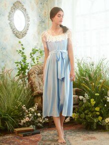 SHEIN Colorblock Contrast Lace Ruffle Belted Sleep Dress - Baby Blue - View 4