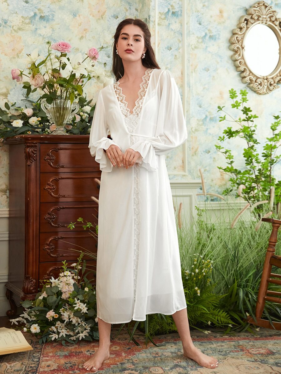 SHEIN Bộ đồ ngủ Nữ Tương phản ren Thắt nút Xù Trọn gói màu trơn Hoàng gia - trắng - Xem 1