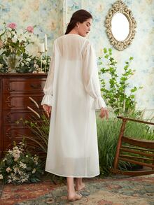 SHEIN Bộ đồ ngủ Nữ Tương phản ren Thắt nút Xù Trọn gói màu trơn Hoàng gia - trắng - Xem 2