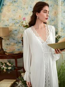 SHEIN Bộ đồ ngủ Nữ Tương phản ren Thắt nút Xù Trọn gói màu trơn Hoàng gia - trắng - Xem 3