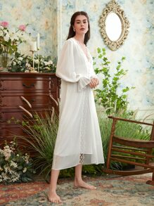 SHEIN Bộ đồ ngủ Nữ Tương phản ren Thắt nút Xù Trọn gói màu trơn Hoàng gia - trắng - Xem 4