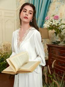 SHEIN Bộ đồ ngủ Nữ Tương phản ren Thắt nút Xù Trọn gói màu trơn Hoàng gia - trắng - Xem 6