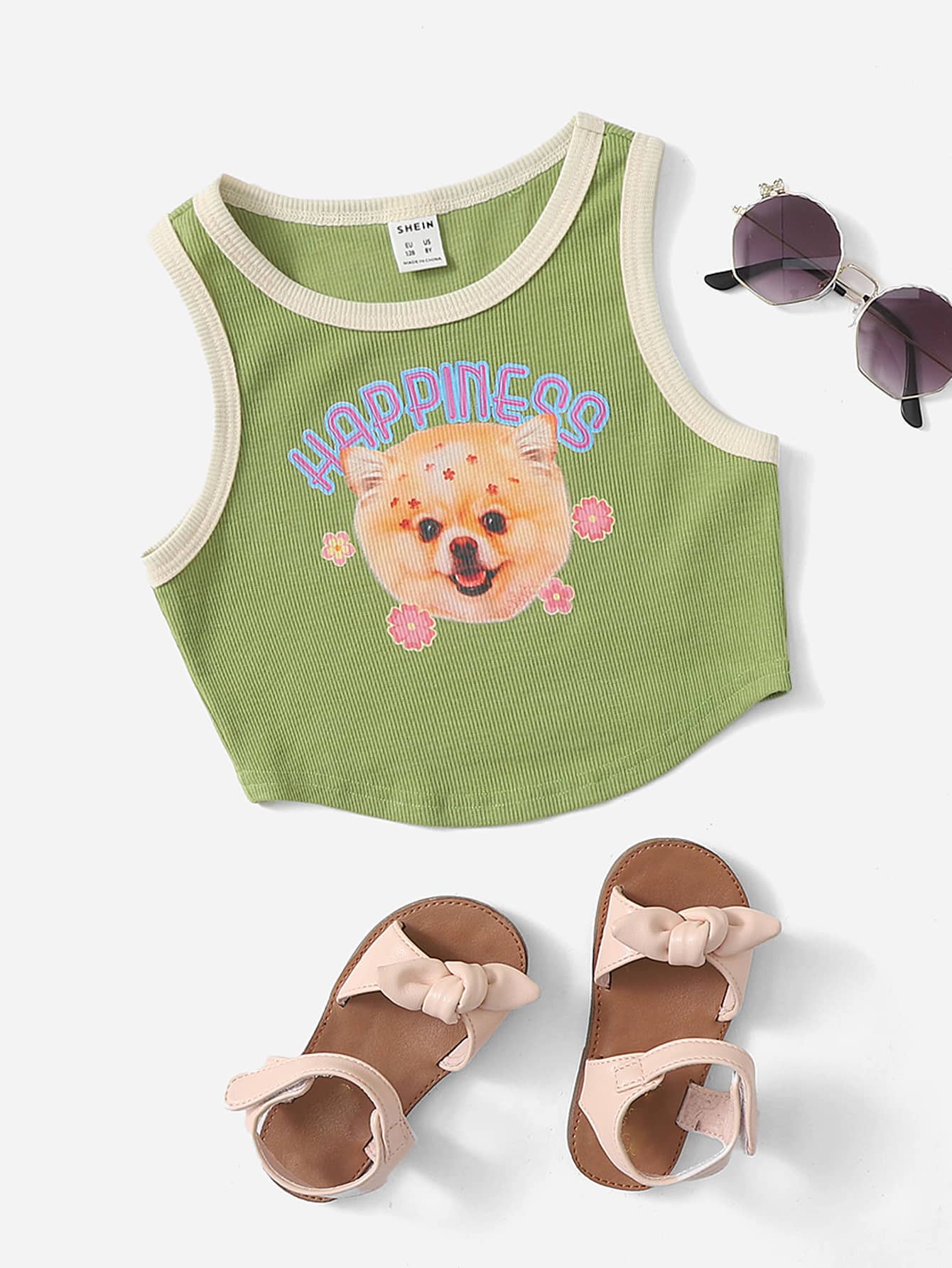 SHEIN Girls Letter & Animal Print Rib Knit Contrast Binding Tank Top - Olive Green - View 1