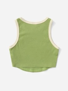 SHEIN Girls Letter & Animal Print Rib Knit Contrast Binding Tank Top - Olive Green - View 2