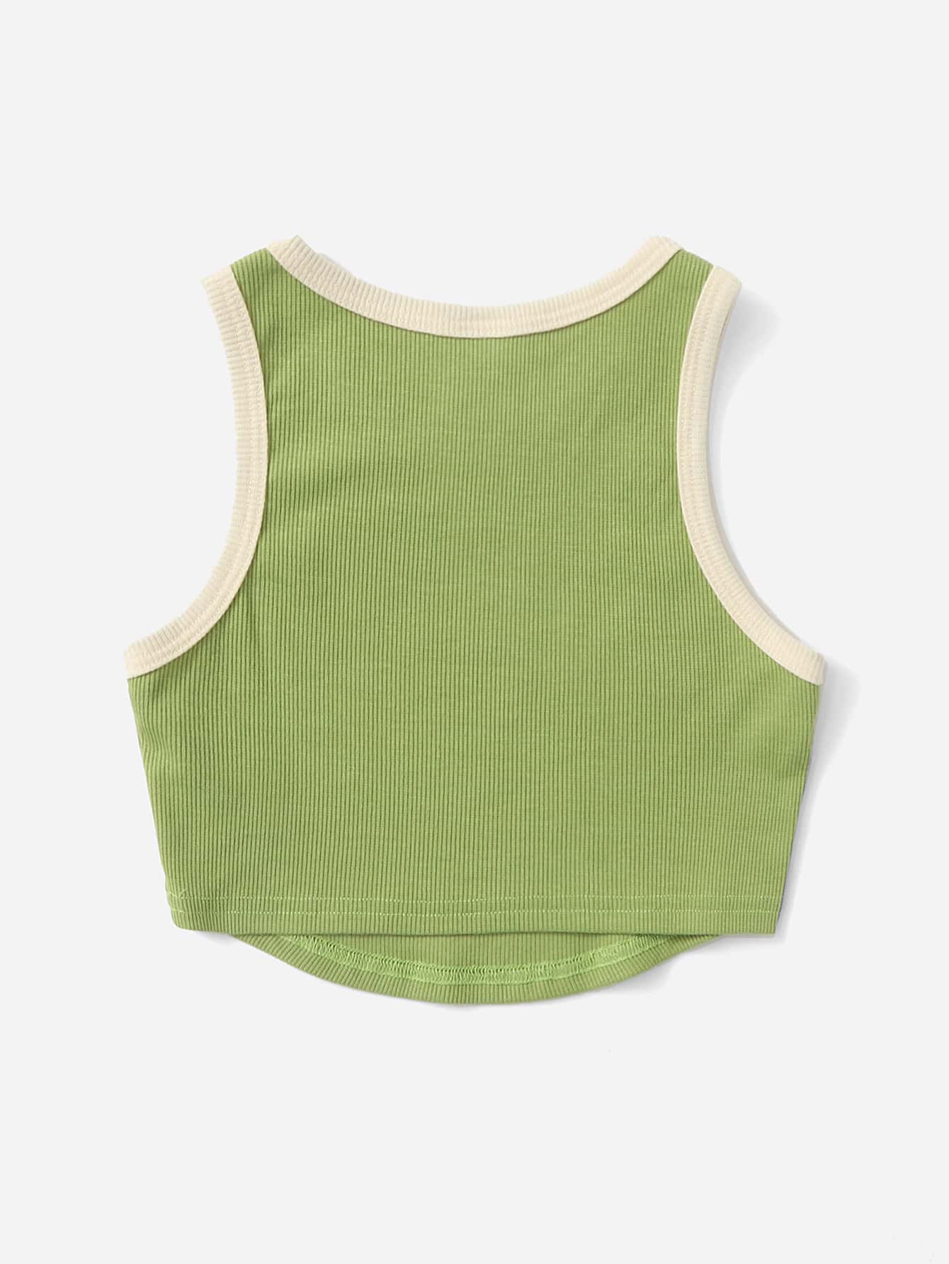 SHEIN Tank Tops & Camis Bé Gái Bất đối xứng Gân đan Tương phản ràng buộc Thú vật Lá thư Giải trí - Màu xanh Ô liu - Xem 2