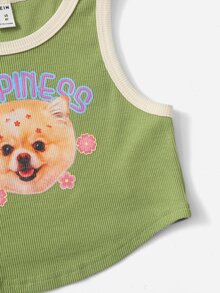 SHEIN Girls Letter & Animal Print Rib Knit Contrast Binding Tank Top - Olive Green - View 3