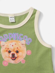 SHEIN Girls Letter & Animal Print Rib Knit Contrast Binding Tank Top - Olive Green - View 4