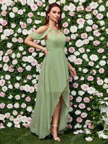 Vestido de dama de honor de cuello con abertura de ojo de hombros descubiertos bajo cruzado