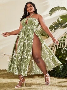 Slaydiva 大碼植物印花鏤空後背繫帶高衩洋裝 - 彩色 - 查看 3