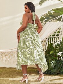 Slaydiva 大碼植物印花鏤空後背繫帶高衩洋裝 - 彩色 - 查看 2