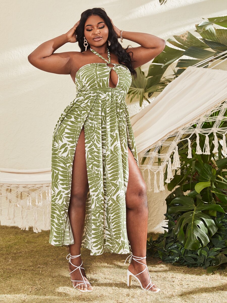 Slaydiva 大碼植物印花鏤空後背繫帶高衩洋裝 - 彩色 - 查看 1