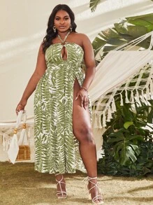 Slaydiva 大碼植物印花鏤空後背繫帶高衩洋裝 - 彩色 - 查看 4