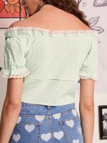 ROMWE Gingham Frill Trim Blouse - Lime Green - View 2