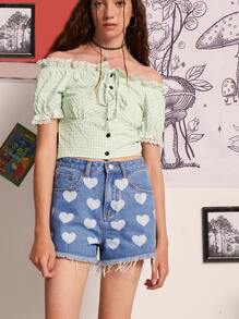 ROMWE Gingham Frill Trim Blouse - Lime Green - View 3