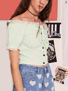 ROMWE Gingham Frill Trim Blouse - Lime Green - View 4