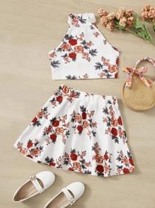 SHEIN Girls Floral Print Halter Top & Skirt Set - Multicolor - View 1