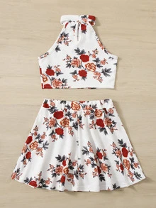 SHEIN Girls Floral Print Halter Top & Skirt Set - Multicolor - View 2