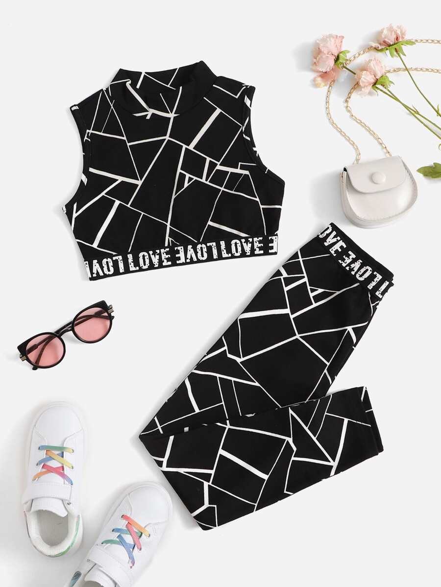 SHEIN Leap Crew Bộ hai mảnh Gái Ruy băng Lá thư Giải trí - màu đen - Xem 1