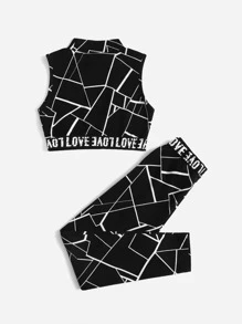 SHEIN Leap Crew Bộ hai mảnh Gái Ruy băng Lá thư Giải trí - màu đen - Xem 2