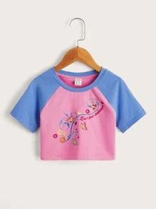 SHEIN Girls Floral & Slogan Graphic Raglan Sleeve Top - Multicolor - View 1