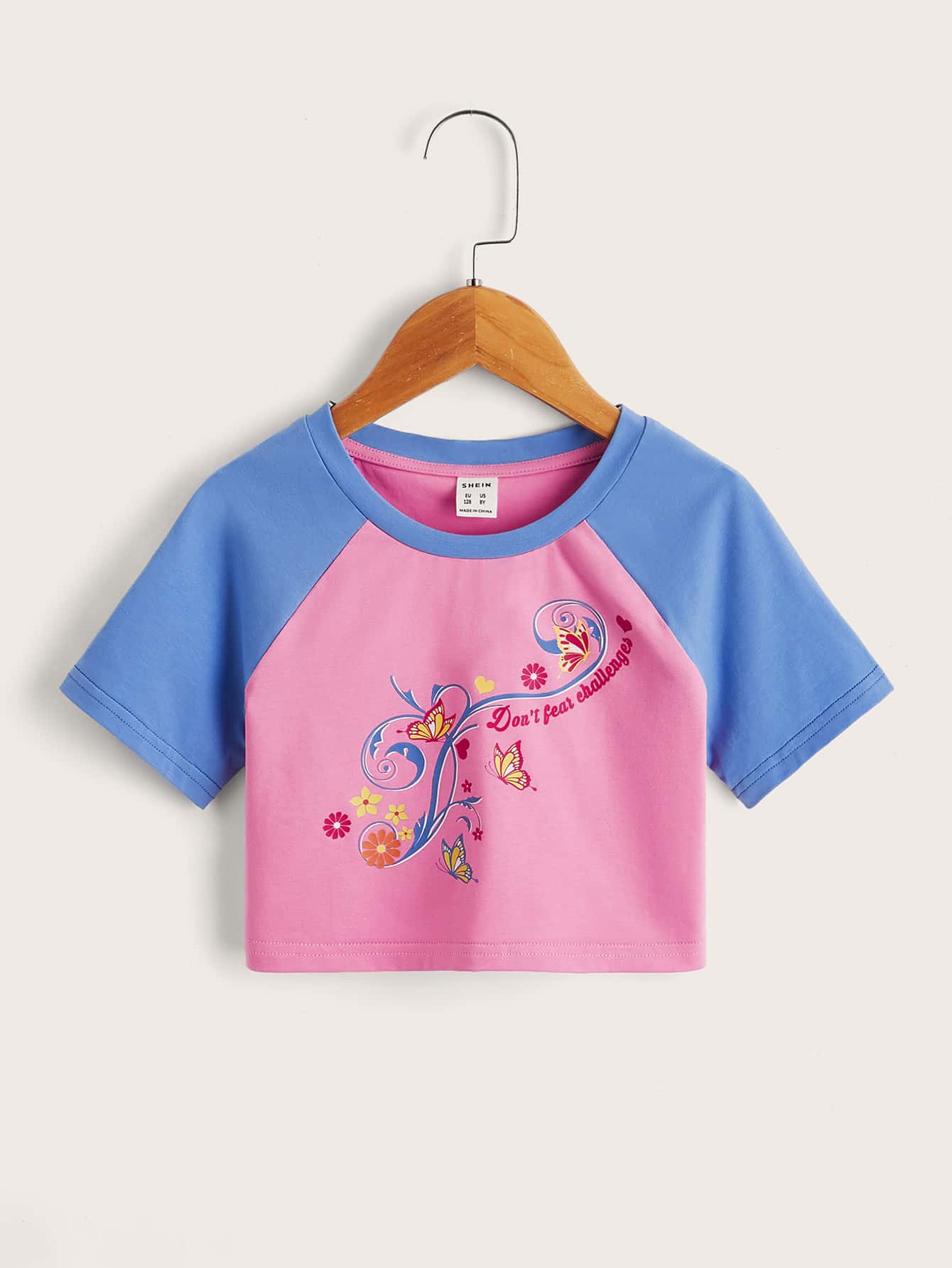 SHEIN Girls Floral & Slogan Graphic Raglan Sleeve Top - Multicolor - View 1