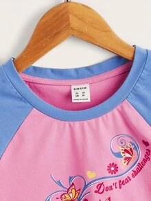 SHEIN Girls Floral & Slogan Graphic Raglan Sleeve Top - Multicolor - View 3