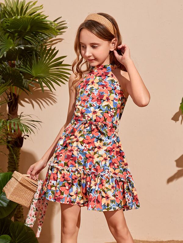 SHEIN Kids SUNSHNE Girls Floral Print Frill Trim Dress SHEIN EUQS