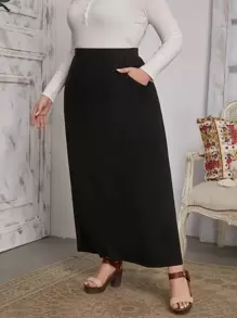 EMERY ROSE Plus High Waist Solid Straight Skirt - Black - View 1