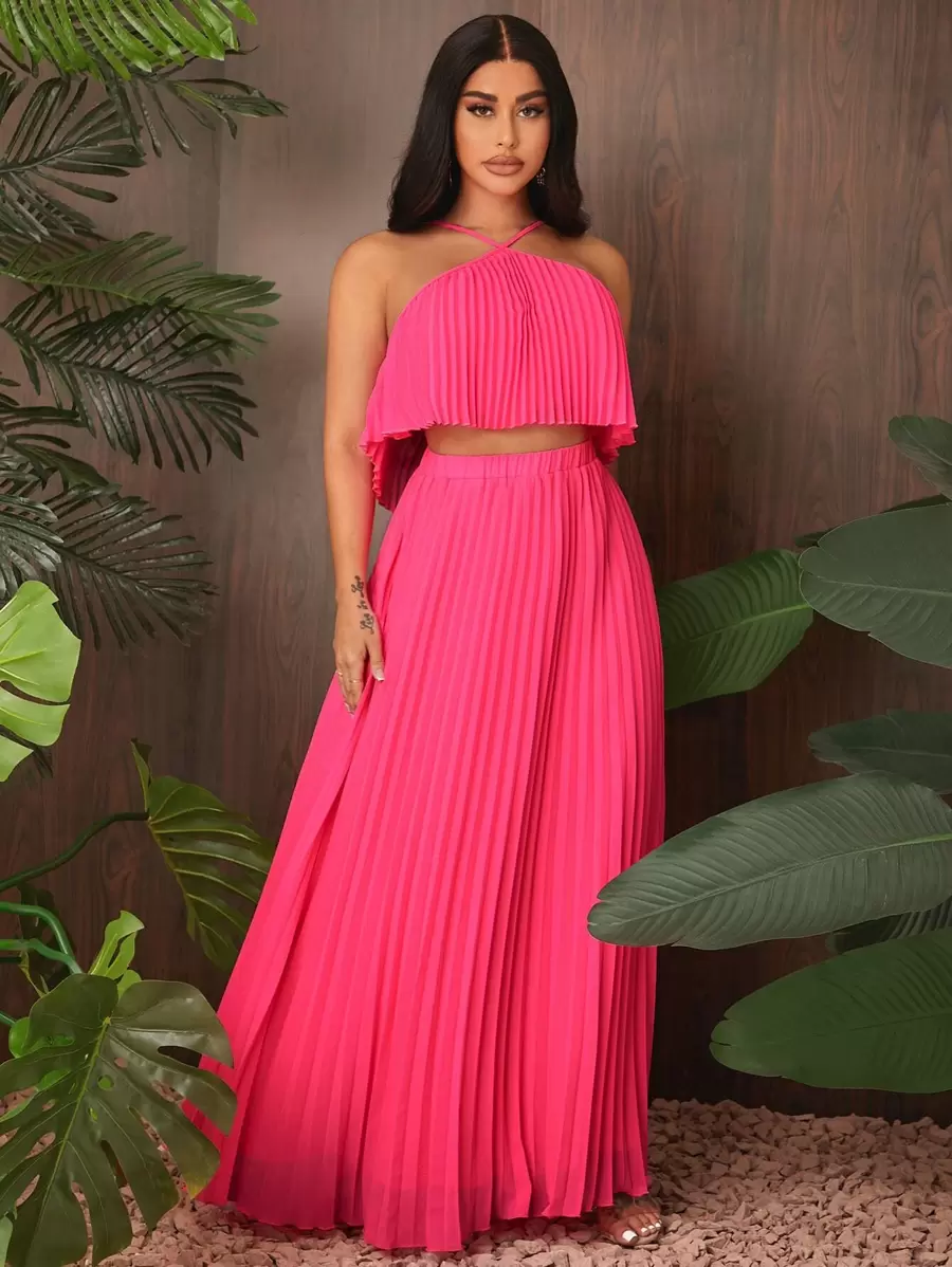 SHEIN SXY Solid Pleated Halter Top & Skirt - Pink - View 1
