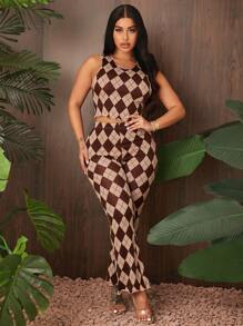 SHEIN SXY 菱形印花木耳邊背心上衣和褲子套裝 - 卡其色 - 查看 4