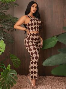 SHEIN SXY 菱形印花木耳邊背心上衣和褲子套裝 - 卡其色 - 查看 5