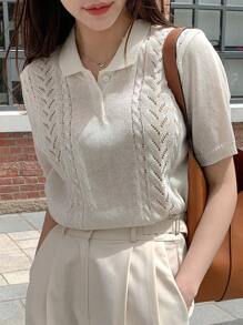 DAZY 網眼針織Polo領針織上衣 - 白色 - 查看 1