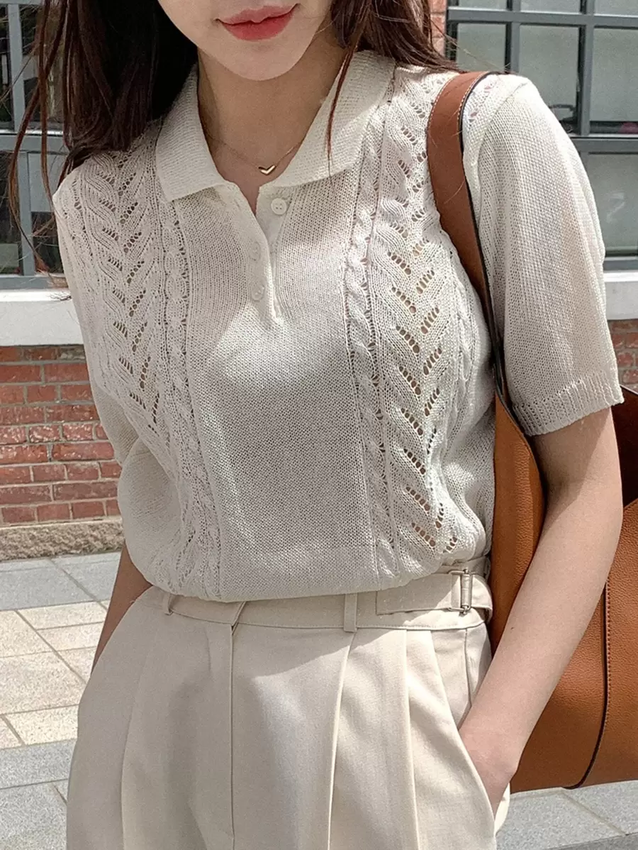 DAZY 網眼針織Polo領針織上衣 - 白色 - 查看 1