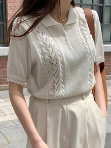 DAZY 網眼針織Polo領針織上衣 - 白色 - 查看 2