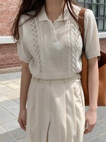 DAZY 網眼針織Polo領針織上衣 - 白色 - 查看 3