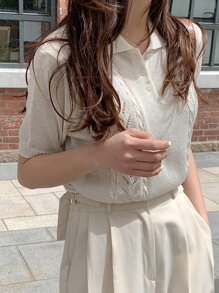 DAZY 網眼針織Polo領針織上衣 - 白色 - 查看 4