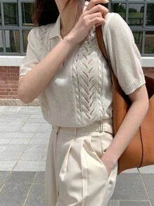 DAZY 網眼針織Polo領針織上衣 - 白色 - 查看 5